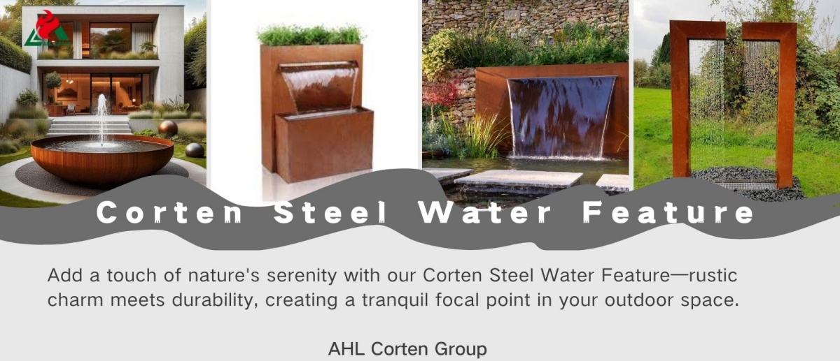 corten steel water fountain, garden water feature