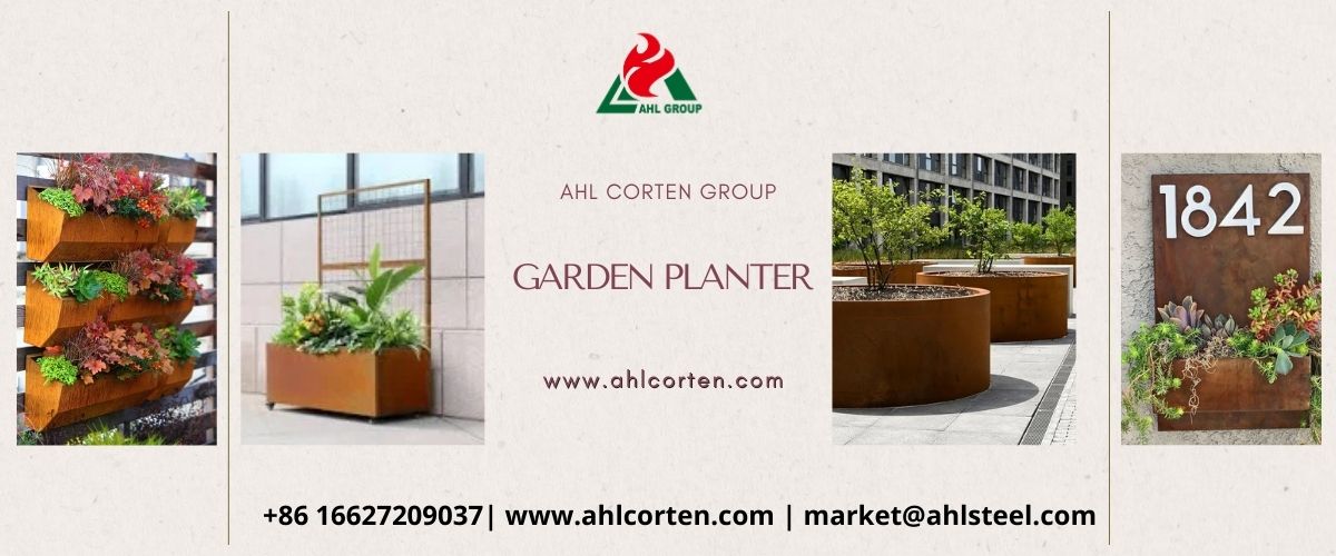 corten steel garden bed and planters