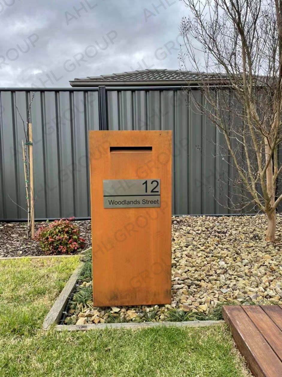 Large Outdoor corten steel mail boxes for sale and indicate street signs for commercial residences