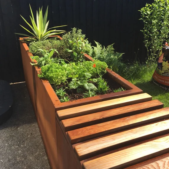 Decorative corten steel flower pot and seat for sale large corten steel planter For Landscaping